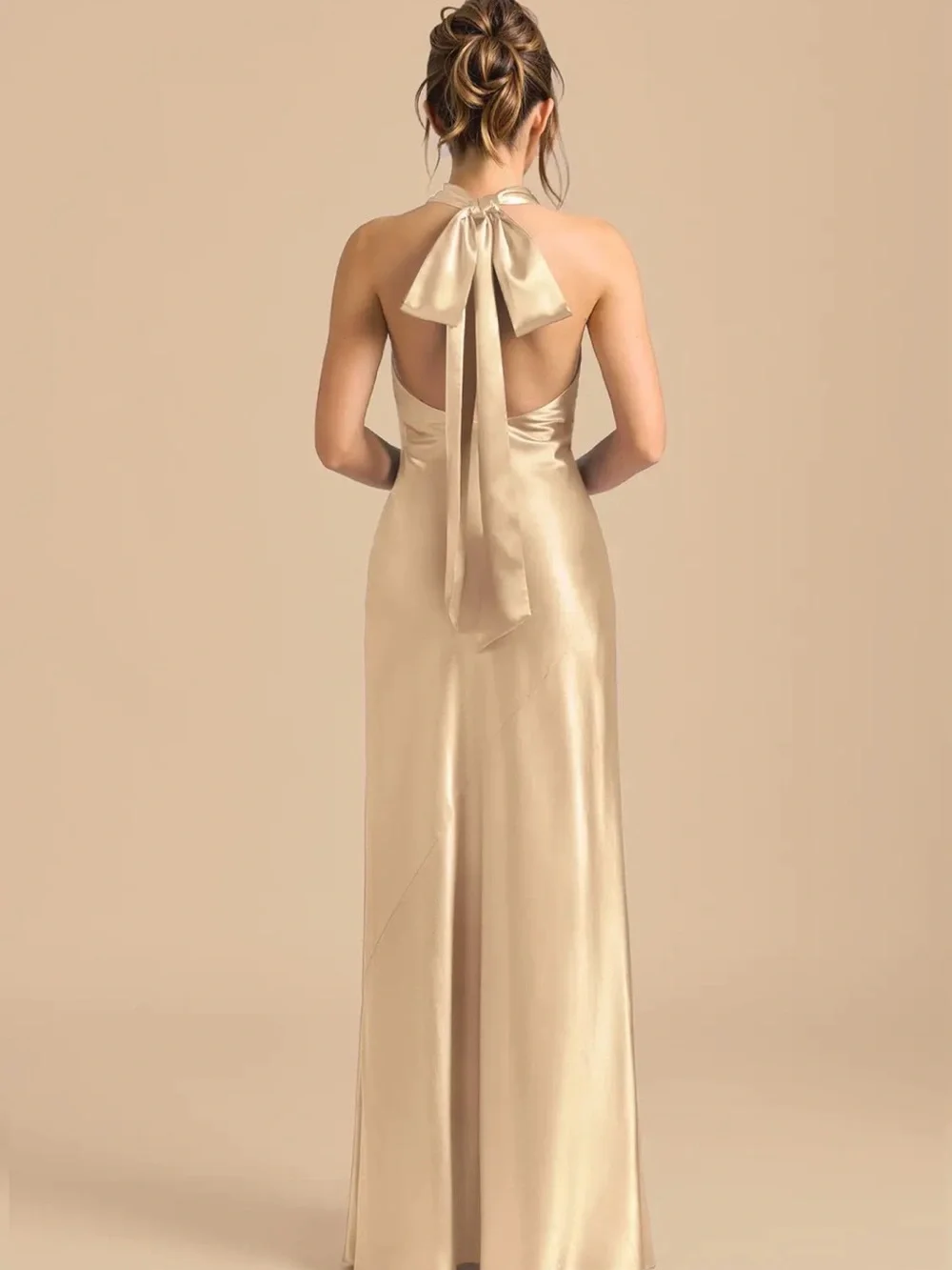 Azazie Velli - Gold Sheath High Neck Metallic Satin Dress A4 Gold - Picture 3 of 3
